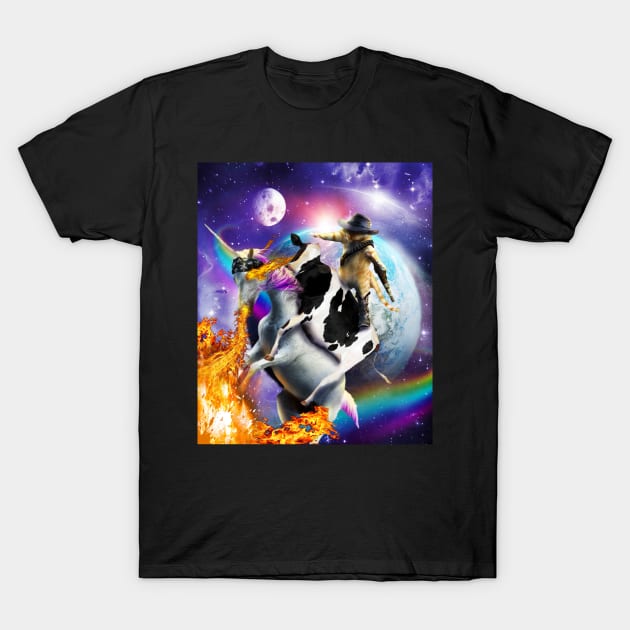 Space Galaxy Cowboy Cat On Cow Unicorn, Rainbow Fire Funny T-Shirt by Random Galaxy